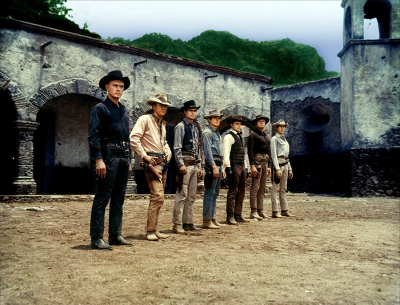 Yul Brynner, Steve McQueen, Horst Buchholz, Charles Bronson, Robert Vaughn, Brad Dexter, James Coburn dans les 7 mercenaires