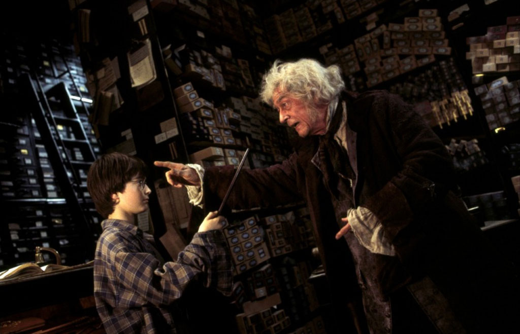 Daniel Radcliffe,  John Hurt dans Harry Potter à l'école des sorciers