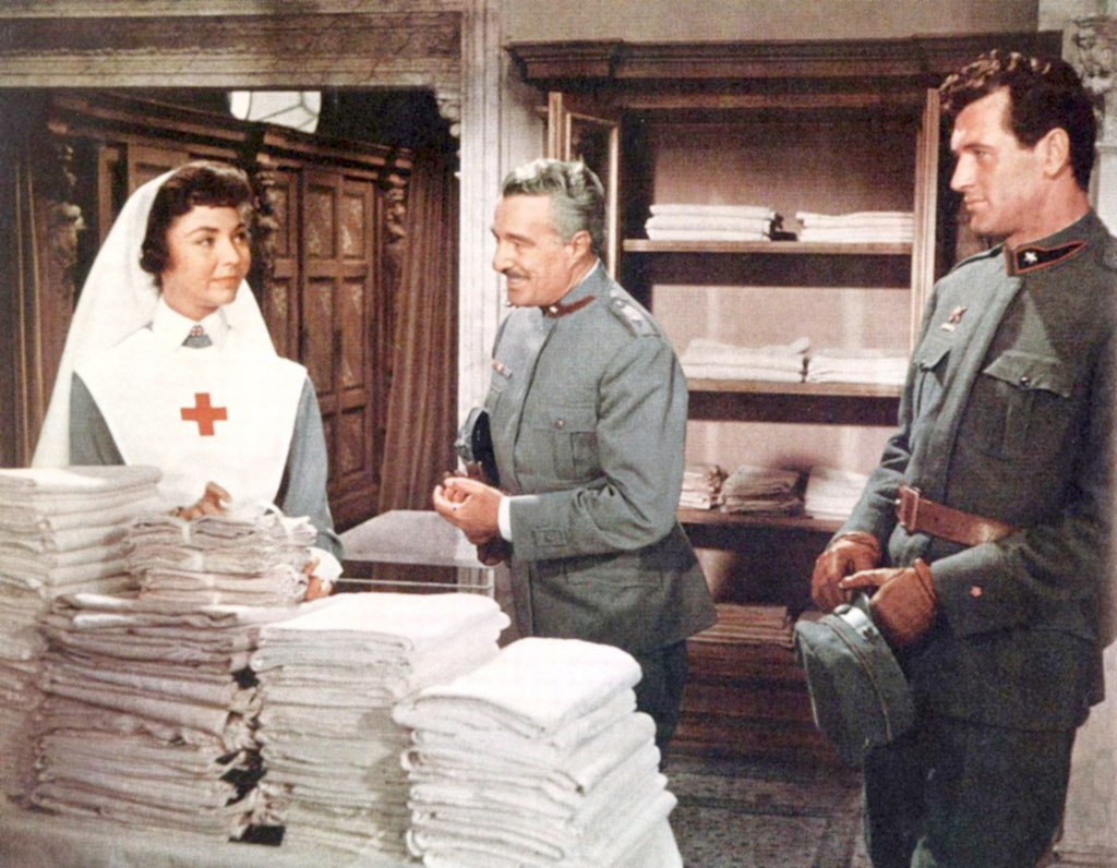 Rock Hudson, Jennifer Jones, Vittorio De Sica dans L'Adieu aux armes