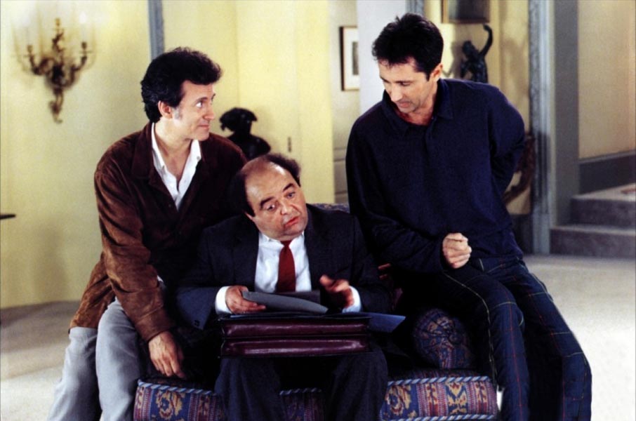 Thierry Lhermitte, Jacques Villeret, Francis Huster, Daniel Prévost dans Le Dîner de cons